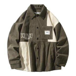 胖胖哥灯芯绒撞色拼接夹克男春季新款衬衫大码宽松衣服男生厚外套