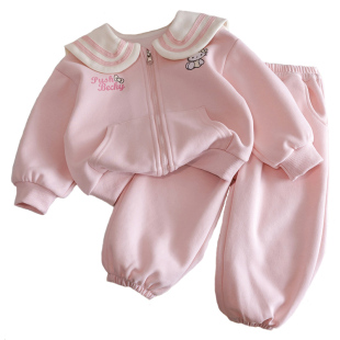 女童套装春秋款中小童kt猫海军领外套上衣开衫宝宝运动裤子两件套