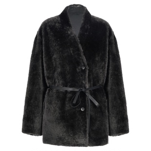 LYNEE【黑标系列】羊皮毛皮毛一体外套 冬季宽松V领皮草大衣