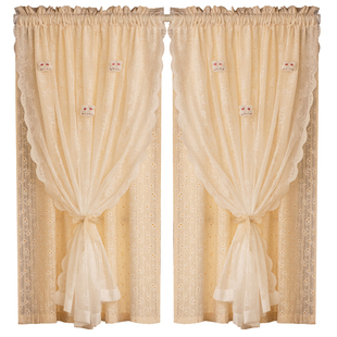 双层蕾丝窗帘纱布一体公主法式碎花雏菊奶油风门帘飘窗短帘免打孔