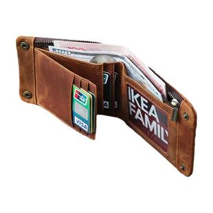 手工疯马皮短款钱包复古头层牛皮休闲真皮男士钱夹横款按扣简约