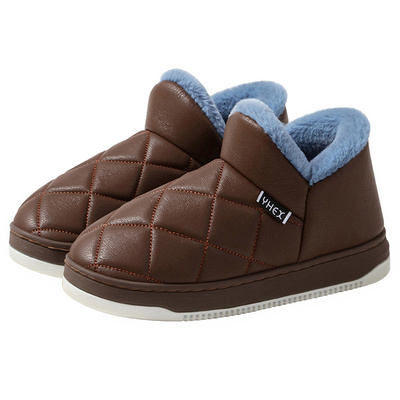 冬季包跟棉拖鞋男女皮面防水防滑