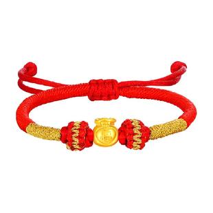 梦金园蝴蝶结小福袋黄金转运珠福字足金手链硬金红绳亲子款礼物