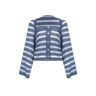 Bettychow 羊毛混纺纽花背心开衫慵懒休闲风毛针织衫条纹套装