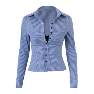 PynkiSwear 蓝白条纹/黑白条纹假两件收腰衬衫女显瘦上衣蕾丝胸衣
