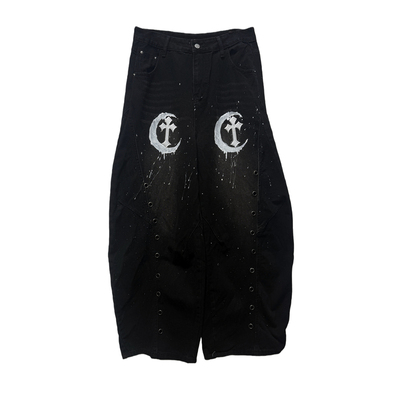 Miub美式摇滚泼墨弯刀阔腿牛仔裤