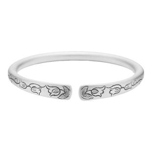 如意山海银手镯999纯银古法银手镯女手工开口足银定制镯子送女友