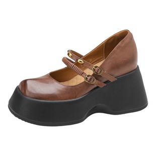 复古10cm内增高厚底玛丽珍鞋女全真皮双扣带松糕鞋小个子百搭单鞋