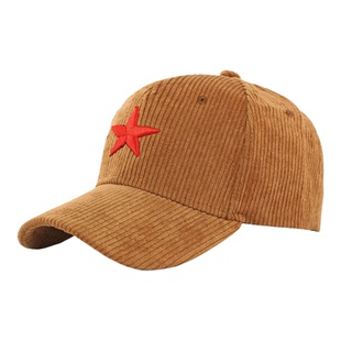 复古灯芯绒红五星棒球帽男女软顶户外鸭舌帽百搭保暖大头围弯檐帽