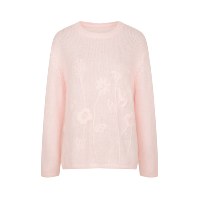 软糯钩花套头粉色圆领毛衣