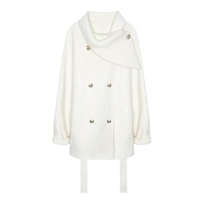 交叠围脖领设计韩系金扣羊毛大衣