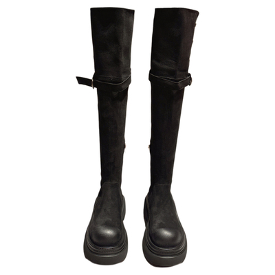 轻便~厚底增高两穿绒面过膝靴女