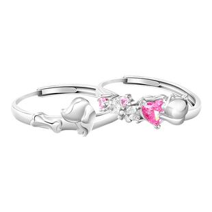 VIVIWELL萌动心跳 可爱猫狗情侣对戒小众设计可爱925纯银闺蜜戒指