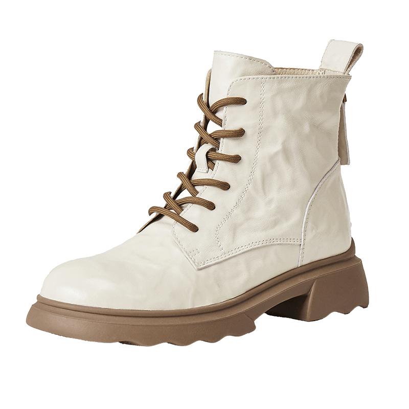 百丽加绒靴子羊皮英伦风马丁靴女冬季显瘦瘦粗跟休闲短靴E5S2DD