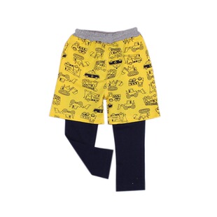 出口日本童装春季新款儿童纯棉假两件套裤汽车卡通元素长裤休闲裤