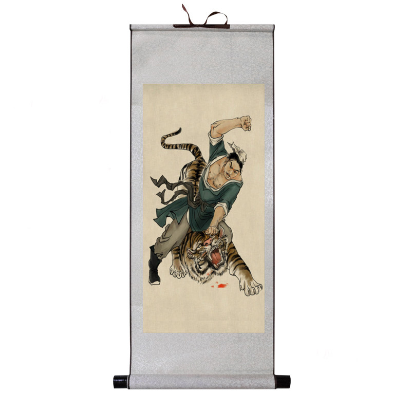 武松打虎卷轴画丝绸画水浒人物国画水墨画丝绸礼品可定制已装裱