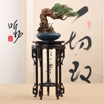 明式圆形微型花盆茶壶香炉摆件底座邻水悬崖盆栽中国风展示木托架