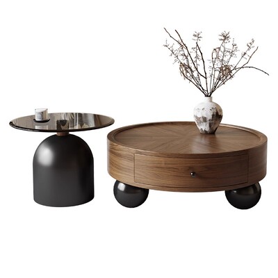 意式极简圆形茶几客厅家用轻奢高级感茶几组合复古设计胡桃色茶几