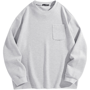 太平鸟男装 华夫格长袖t恤男宽松口袋纯色百搭青年圆领打底衫潮