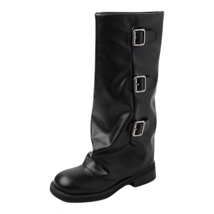 4cm欧货皮带扣堆堆靴女裤管靴2025秋冬棕色粗跟骑士靴圆头长靴子