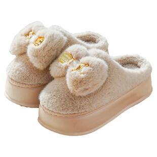 厚底高跟棉拖鞋女时尚百搭可爱蝴蝶结室内增高拖鞋冬季保暖月子鞋