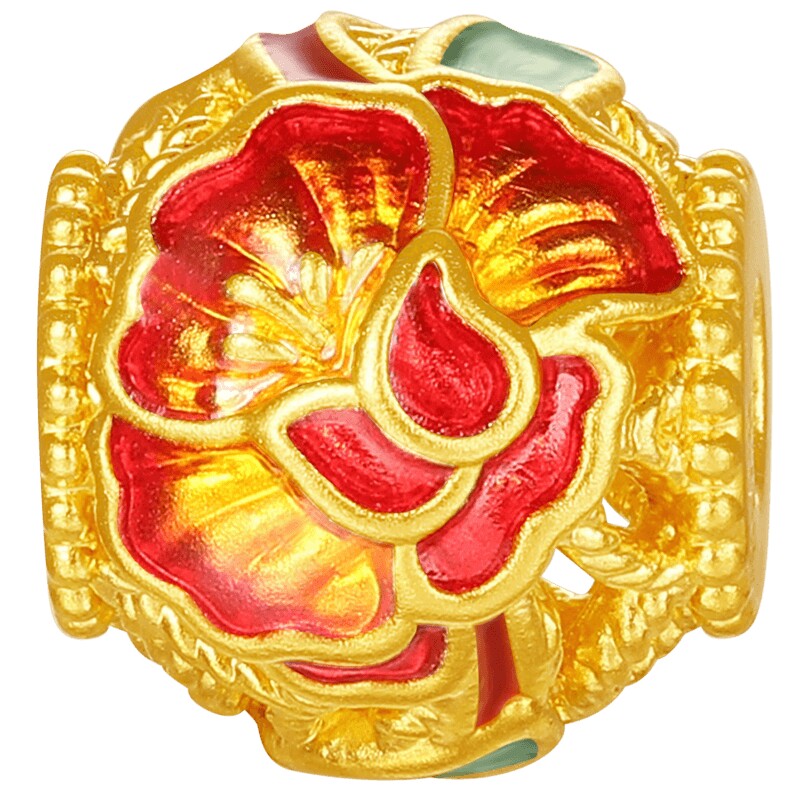 潮宏基十二花神足金串珠黄金转运珠硬金鎏彩国色牡丹花隔珠生日
