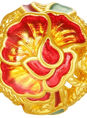 潮宏基十二花神足金串珠黄金转运珠硬金鎏彩国色牡丹花隔珠生日