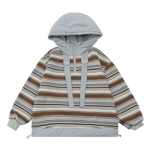 男童卫衣加绒2025冬装新款中大童加厚帽衫一体绒条纹儿童套头外套