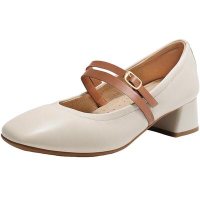 百丽超软羊皮粗高跟玛丽珍鞋