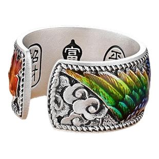 银千造 彩凤飞翼 足银999珐琅彩牡丹凤凰开口银戒指指环女送妈妈