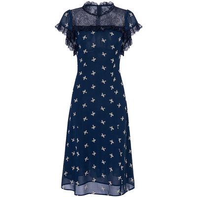 马天奴蓝色绣花蕾丝雪纺连衣裙