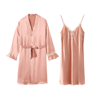 真丝睡裙两件套中长款高贵桑蚕丝女春秋真丝睡袍性感蕾丝真丝睡衣