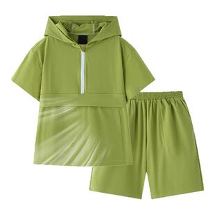 路伊梵儿童短裤运动套装男童夏季速干透气跑步服女童户外连帽短袖