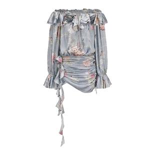 【徐如蓝同款】LACERTA 夏季贝壳珍珠印花裙子一字领包臀连衣裙女