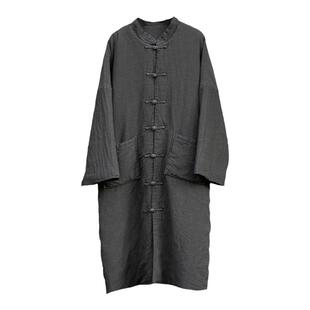 知笔墨冬季复古中式灰黑色对襟盘扣亚麻文艺夹棉落肩中长棉袍女式