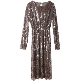 春秋新款长袖打底裙子Bling闪闪亮片修身显瘦高腰连衣裙女晚礼服