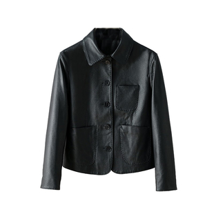 春秋新款海宁真皮女装牛皮皮衣女士翻领休闲显瘦百搭皮夹克外套潮