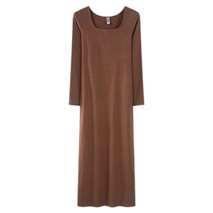 秋季新款纯白打底裙U领修身显瘦长袖连衣裙长款纯色简约内搭裙子