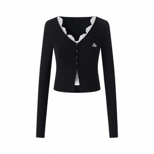 ACMEAURA 设计感复古蕾丝花边拼接撞色假两件针织衫辣妹开衫上衣