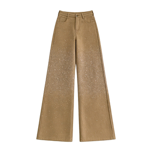 星河璀璨不贴腿烫钻微喇裤女2026冬季加绒高腰修身显瘦弹力牛仔裤