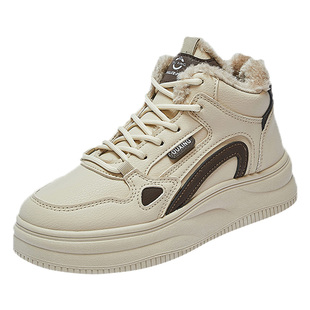 34小码加绒小白鞋女2025冬季高帮皮面保暖二棉鞋青年学生运动板鞋