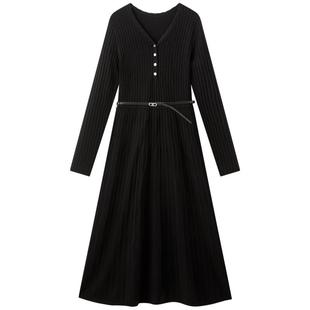 【配送腰带】太平鸟黑色针织连衣裙女2025年新款中长裙含羊毛3.5%