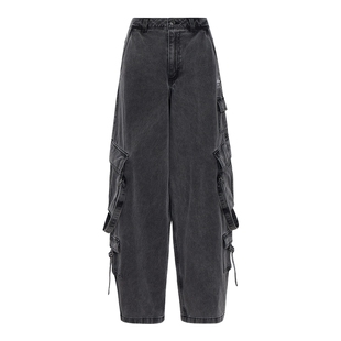 阿迪达斯三叶草女裤2026春季新款工装风牛仔多口袋直筒长裤KU9535