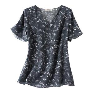 妈妈装短袖真丝T恤女2025夏大码宽松V领复古印花品牌桑蚕丝上衣