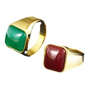 戒指男士红玛瑙绿宝石天然玉髓钨金镀黄金高级复古镶玉石宽指环女