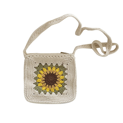 向日葵编织勾花镂空斜挎小方包
