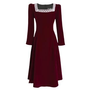 JUJU定制秋冬新款方领法式气质轻奢订婚枣红色丝绒礼服裙连衣裙