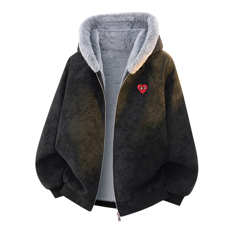 查尔斯桃心PU皮座山雕连帽棉服