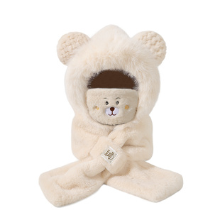 小熊帽子女款秋冬季围巾手套一体连帽围脖保暖可爱毛绒冬天三件套