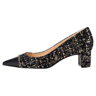 LINGMEICHEN小香风鞋子黑色高跟鞋粗跟皮鞋女款真皮尖头单鞋女鞋